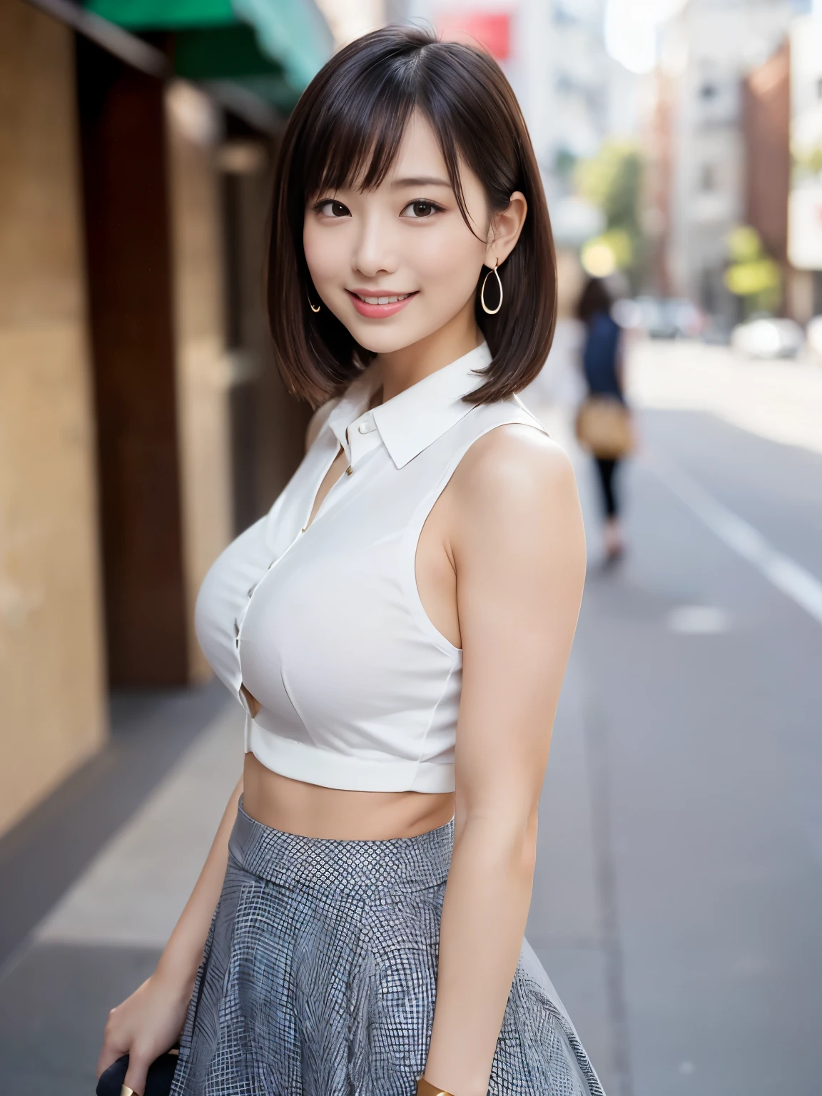 RAW Photos, highest quality, Realistic, Cute Japanese Girl, 1 person, (とてもslim and slender fit muscular body:1.3), ((View Viewer)),(Big smile:1.3), (No people in the background:1.3), Beautiful earrings, Front shot, (Big eyes), (whole bodyショット), Small breasts,(masterpiece)、Healthy thighs、(Narrow waist)、Big Ass、(Beautiful legs)、((Perfectly detailed five-fingered hands)),(Anatomically correct body)、((1 female:1.4))、Japanese、Realistic Skin、(Small chest:1.4)、Bust size is C cup、Pretty woman with perfect figure:1.4,(from the front:1.5), (肌の質感のbeautyを高める:1.1), (Beautiful fine details), (Detailed face),Beautiful realistic face,No makeup、美しいBlack Hair、The best smile、Natural color lip、(Small Mouth:1.2)、(Oval Face)、Even bangs、Hide eyebrows with bangs、((29-year-old woman))、Bob Hair、Hair blowing in the wind, (Black Hair, Iris, Watery eyes, Shining Eyes, Bob cut hair, Small earrings,), Hair behind the ear、No makeup、(Drooping eyes)、Drooping eye corners、女の子erson,whole body、(((1 personの素敵な女性)),((優しいBig smile)),(( Small breasts,Small breastsの谷間)),((((Plump Cheeks)))),((whole body:1.5))、(Narrow waist、Slender Body)、 Hair blowing in the wind,C-cup breasts with firmness、Even bangs:1.4、whole bodyショット、,(((Beautiful woman boasting toned hips and muscular buttocks))),((( Shapely big ass))),(A toned waist is best:1.4),Sleeveless、Open chest、すらっと伸びたthin脚、Long legs、platform、Sandals、clear、thin、slim、thinウエスト、beauty、Looking into the camera、Walking around the city、Cute Smile、Summer sunshine、Accentuate your breasts,(((Attractive woman wearing a white collared shirt and flared skirt in the city,1 person、))),Wearing a white blouse, Random body orientation,