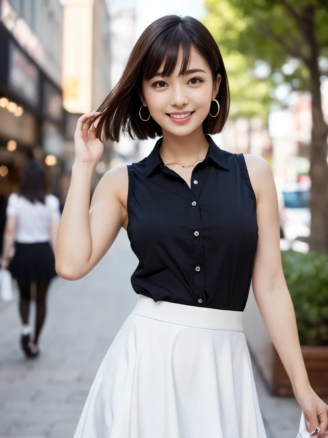 RAW Photos, highest quality, Realistic, Cute Japanese Girl, 1 person, (とてもslim and slender fit muscular body:1.3), ((View Viewer)),(Big smile:1.3), (No people in the background:1.3), Beautiful earrings, Front shot, (Big eyes), (whole bodyショット), Small breasts,(masterpiece)、Healthy thighs、(Narrow waist)、Big Ass、(Beautiful legs)、((Perfectly detailed five-fingered hands)),(Anatomically correct body)、((1 female:1.4))、Japanese、Realistic Skin、(Small chest:1.4)、Bust size is C cup、Pretty woman with perfect figure:1.4,(from the front:1.5), (肌の質感のbeautyを高める:1.1), (Beautiful fine details), (Detailed face),Beautiful realistic face,No makeup、美しいBlack Hair、The best smile、Natural color lip、(Small Mouth:1.2)、(Oval Face)、Even bangs、Hide eyebrows with bangs、((29-year-old woman))、Bob Hair、Hair blowing in the wind, (Black Hair, Iris, Watery eyes, Shining Eyes, Bob cut hair, Small earrings,), Hair behind the ear、No makeup、(Drooping eyes)、Drooping eye corners、女の子erson,whole body、(((1 personの素敵な女性)),((優しいBig smile)),(( Small breasts,Small breastsの谷間)),((((Plump Cheeks)))),((whole body:1.5))、(Narrow waist、Slender Body)、 Hair blowing in the wind,C-cup breasts with firmness、Even bangs:1.4、whole bodyショット、,(((Beautiful woman boasting toned hips and muscular buttocks))),((( Shapely big ass))),(A toned waist is best:1.4),Sleeveless、Open chest、すらっと伸びたthin脚、Long legs、platform、Sandals、clear、thin、slim、thinウエスト、beauty、Looking into the camera、Walking around the city、Cute Smile、Summer sunshine、Accentuate your breasts,(((Attractive woman wearing a white collared shirt and flared skirt in the city,1 person、))),Wearing a white blouse, Random body orientation,