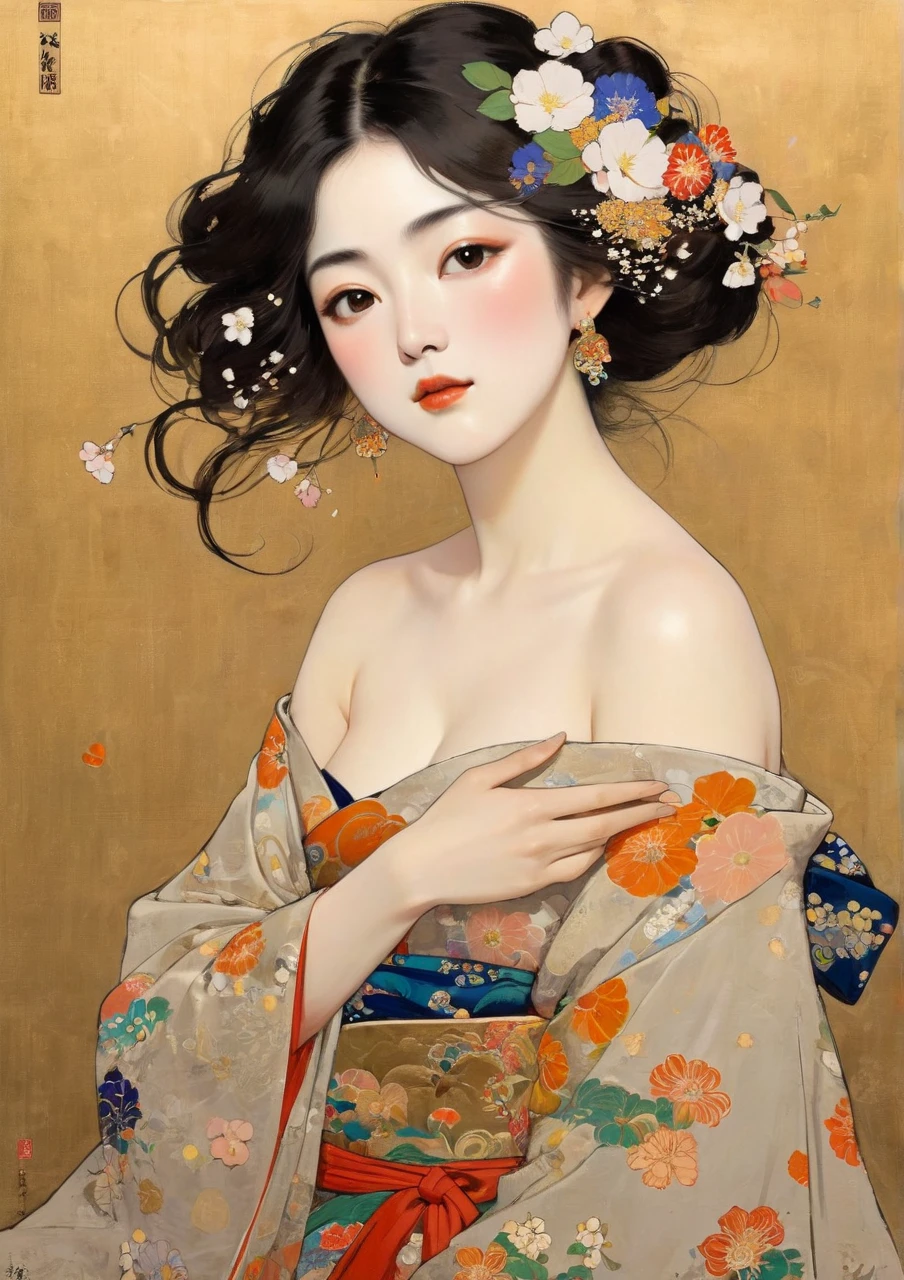 Masterpiece Japanese Painting, Klimt Style Masterpiece, flat art, crepas with a slightly round face,  Unrealistically beautiful,  lots of flowers , Japanese woman with flat illustrations, 40 years old, Off Shoulder, full body, Picture drawn with a simple, Protruding chin,  feels good, lots of petals dancing in the style, disheveled hair, Alluring Gaze、sitting,