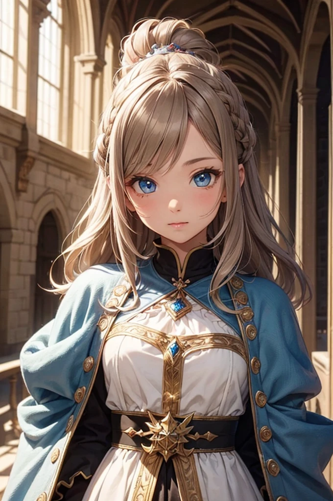 ((masterpiece)), ((best quality)), (ultra-detailed), ((kawaii)), cute, ((extremely detailed)), 4K, (8K), best quality, (beautiful), illustration, upper body, (spread arms), a pretty woman, solo, medieval necromancer, necromancer costume, castle, romanesque architecture, evening, beautiful gray hair, (beautiful hair), beautiful deep blue eyes, ((beautiful eyes)), ((light brown-skinned)), cool,