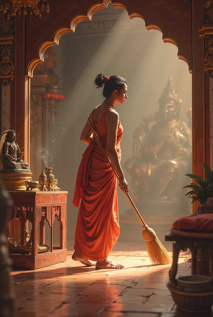 A woman sweeping and cleaning a pooja room with idols in the background.
