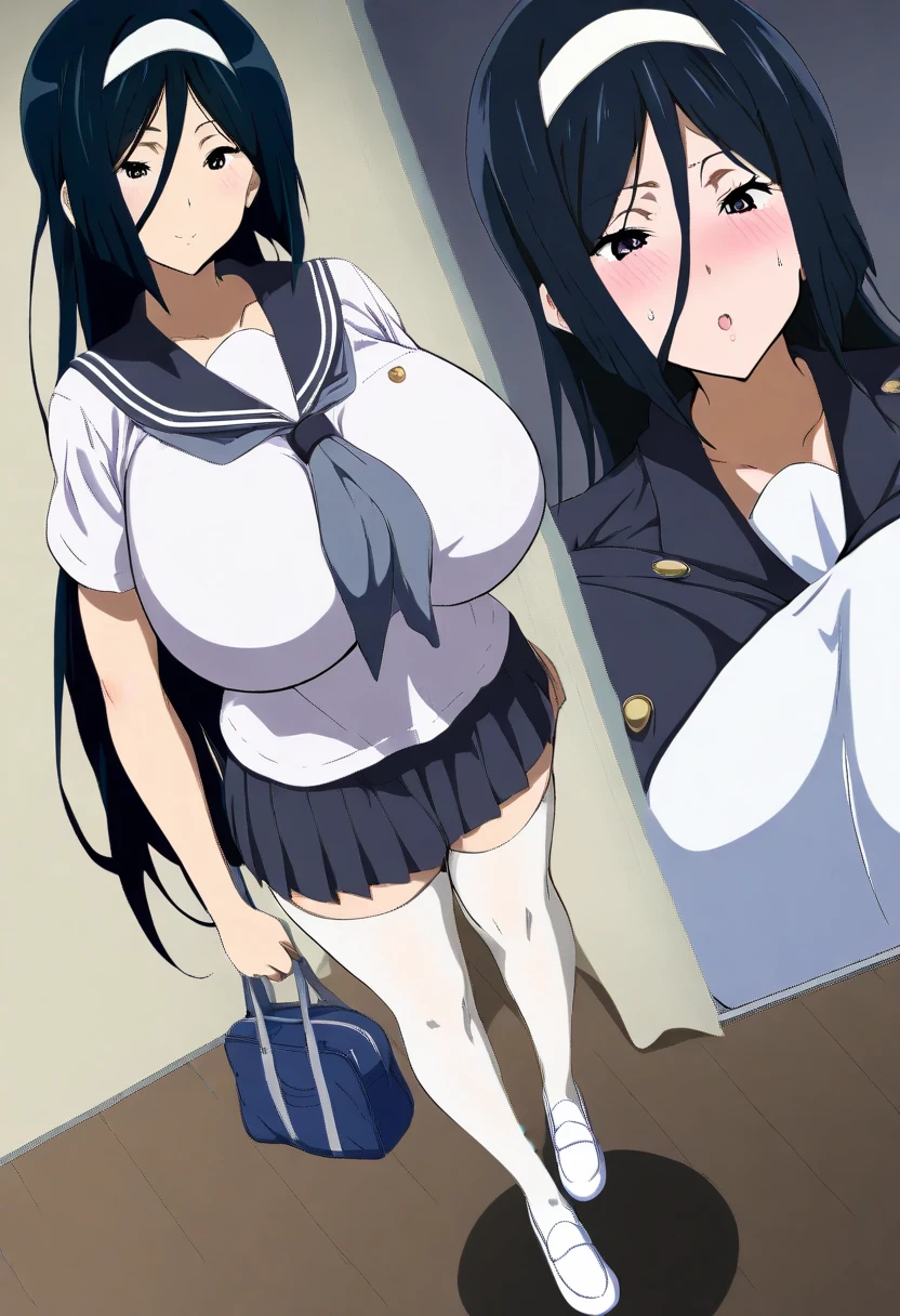 (masterpiece, best quality), front shot, 1girl, kawaii, (super big breasts, micro waist, very long legs:1.4), medium hair, Black hair, short height, scrawny and thin body, tiny cute face, cute face, kawaii smile, serafuku, pigeon-toed, wet and sweaty, big visible ribs, sex with ejaculating super big penis ugly man , Cowgirl position, V sign