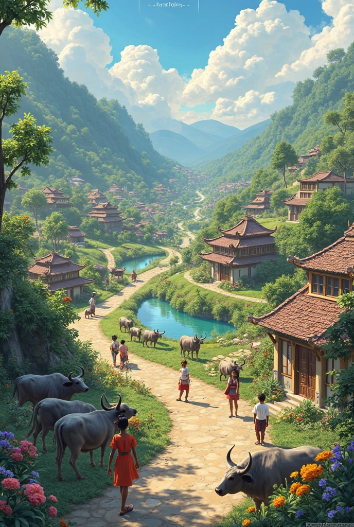 Draw a picture of a village with lots of people doing their own work and a very peaceful environment with birds chirping and animals like buffaloes.