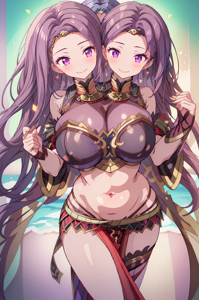 high quality, ultra detailed, best quality, insanely detailed, beautiful, masterpiece, 1girl, belly dancer, white background, cowboy shot, red eyes, long hair, purple hair, harem outfit, bikini, pelvic curtain, purple costume, bare legs, circlet, earrings, armlets, bracelets, bashful smile, large breasts, cleavage, soft stomach