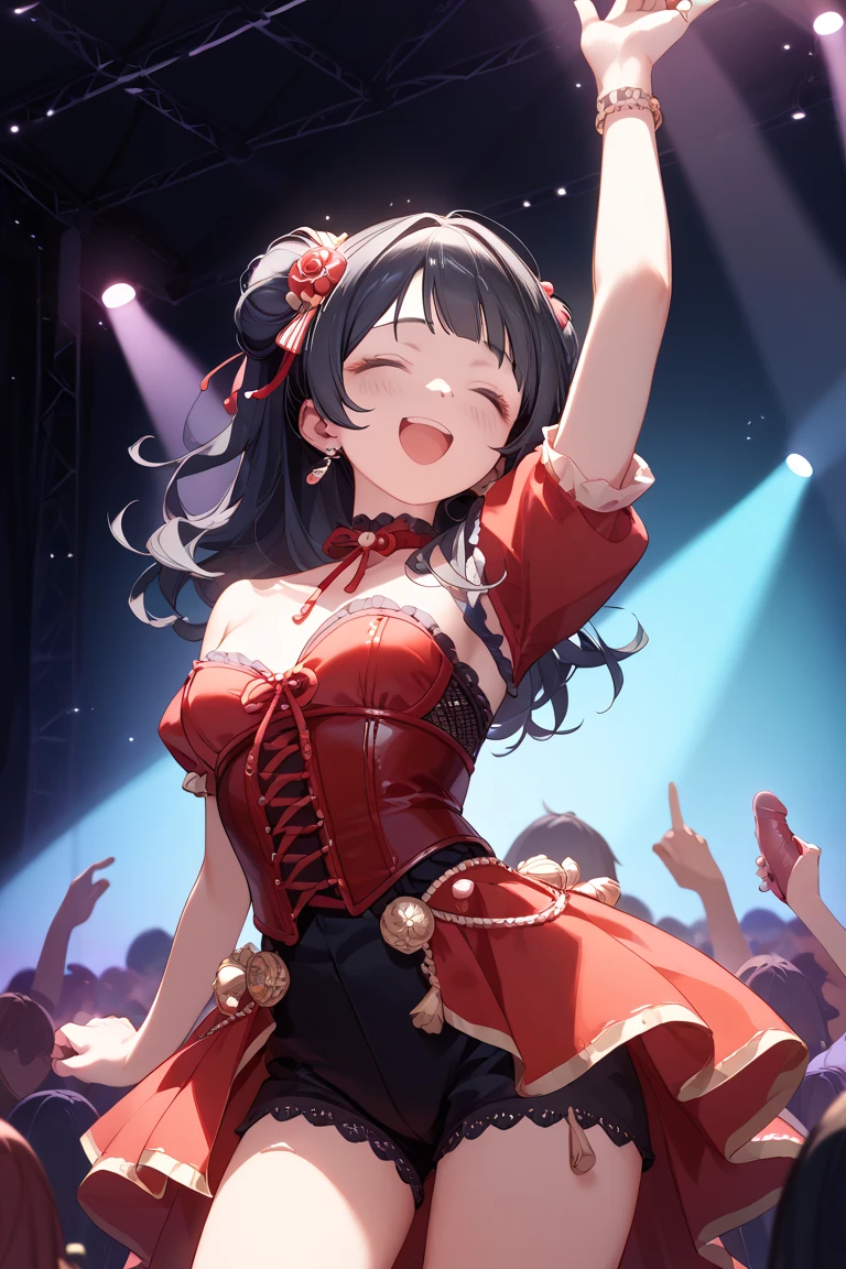 Korean girl , Kpop idol, singing , at a concert , dancing with her girls , red ruby outfits , sees a guy and kisssds him