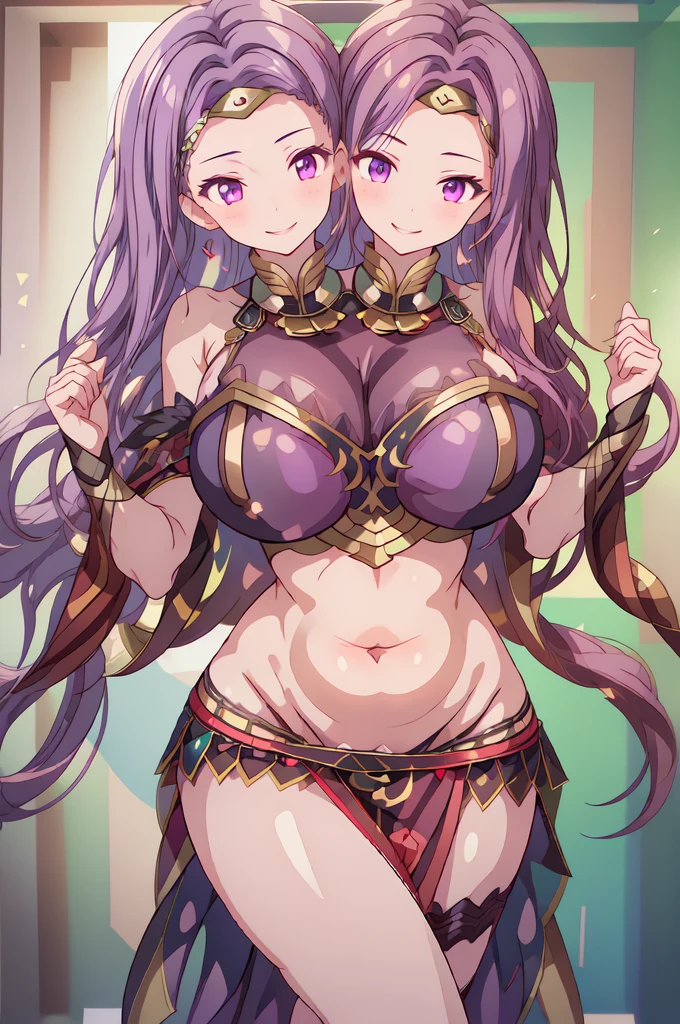 high quality, ultra detailed, best quality, insanely detailed, beautiful, masterpiece, 1girl, medieval plaza, cowboy shot, red eyes, long hair, purple hair, belly dancer, circlet, earrings, armlets, bracelets, bashful smile, large breasts, cleavage, soft stomach
