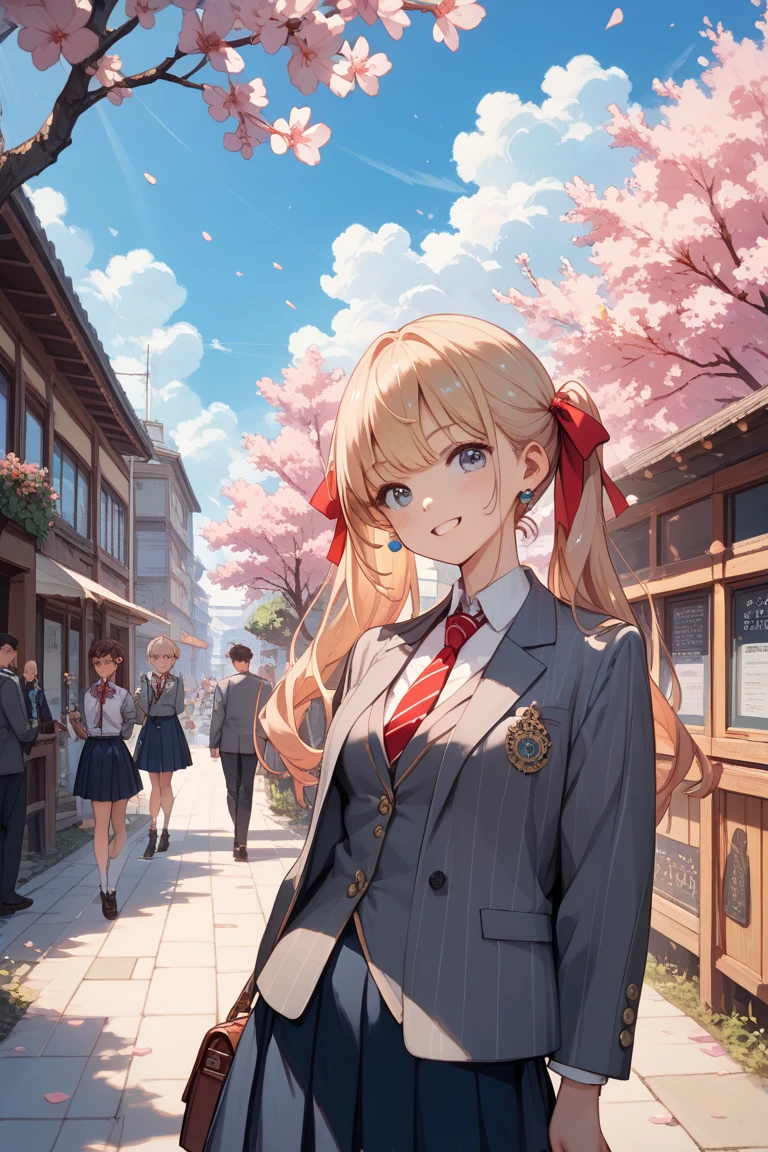 high school student　class　Announcement 　men and women　 gray blazer　cherry blossoms　joy　red ribbon tie