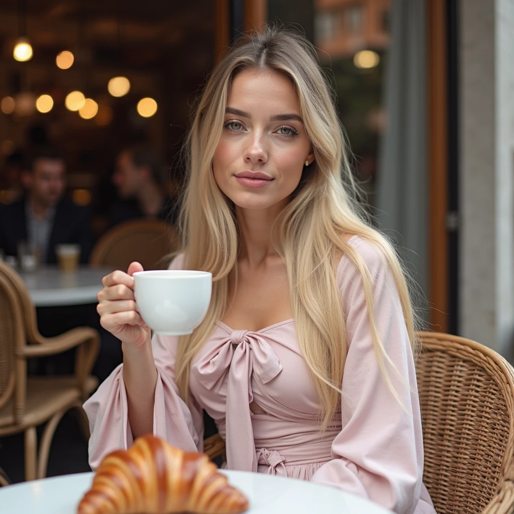 Candid photograph of a stylish outdoor café setting. The layout features a woman with long, straight blonde hair and fair skin, sitting at a table. She has a slender build and is wearing a black sleeveless top with a gold 'B' logo on the strap. She is holding a bowl of dessert with whipped cream and appears to be enjoying it. The table is set with white porcelain teacups and saucers, a teapot, and a small plate. The café has a chic, modern design with black and white woven chairs, glass windows, and warm lighting. The background includes reflections of the street and other café patrons.