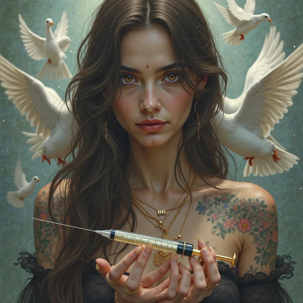 Woman with long, dark brown hair, yeux brun, With tattoos, un piercing au nez, gold accessories, une seringue dans les mains et des colombes derrière 