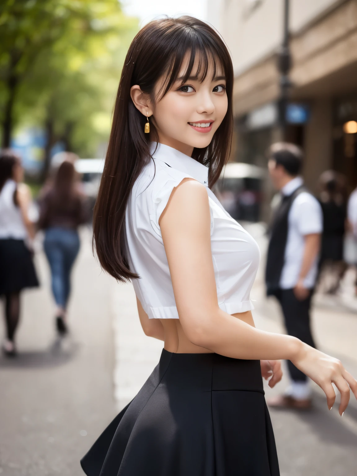 RAW Photos, highest quality, Realistic, Cute Japanese Girl, 女の子1 person, (とてもslim and slender fit muscular body:1.3), ((View Viewer)),(Big smile:1.3), (No people in the background:1.3), Beautiful earrings, Front shot, (Big eyes), (whole bodyショット), Small breasts,(masterpiece)、Healthy thighs、(Narrow waist)、Big Ass、(Beautiful legs)、((Perfectly detailed five-fingered hands)),(Anatomically correct body)、((1 female:1.4))、Japanese、Realistic Skin、(Small chest:1.4)、Bust size is C cup、Pretty woman with perfect figure:1.4,(from the front:1.5), (肌の質感のbeautyを高める:1.1), (Beautiful fine details), (Detailed face),Beautiful realistic face,No makeup、美しいBlack Hair、The best smile、Natural color lip、(Small Mouth:1.2)、(Oval Face)、Even bangs、Hide eyebrows with bangs、((29-year-old woman))、Bob Hair、Hair blowing in the wind, (Black Hair, Iris, Watery eyes, Shining Eyes, Bob cut hair, Small earrings,), Hair behind the ear、No makeup、(Drooping eyes)、Drooping eye corners、女の子1 person,whole body、(((1 personの素敵な女性)),((優しいBig smile)),(( Small breasts,Small breastsの谷間)),((((Plump Cheeks)))),((whole body:1.5))、(Narrow waist、Slender Body)、 Hair blowing in the wind,C-cup breasts with firmness、Even bangs:1.4、whole bodyショット、,(((Beautiful woman boasting toned hips and muscular buttocks))),((( Shapely big ass))),(A toned waist is best:1.4),Sleeveless、Open chest、すらっと伸びたthin脚、Long legs、platform、Sandals、clear、thin、slim、thinウエスト、beauty、Looking into the camera、Walking around the city、Cute Smile、Summer sunshine、Accentuate your breasts,(((Attractive woman wearing a white collared shirt and flared skirt in the city,1 person、))),Wearing a white blouse, Random body orientation,