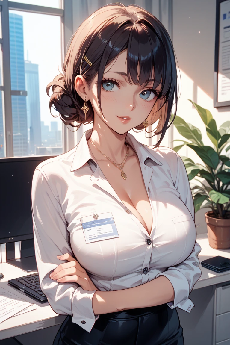 Beautuful Women、Long、a necklace、piercings、Wearing a suit、skirt by the、business sui、Good style、s Office、The upper part of the body、bustup、put your breasts on the desk、