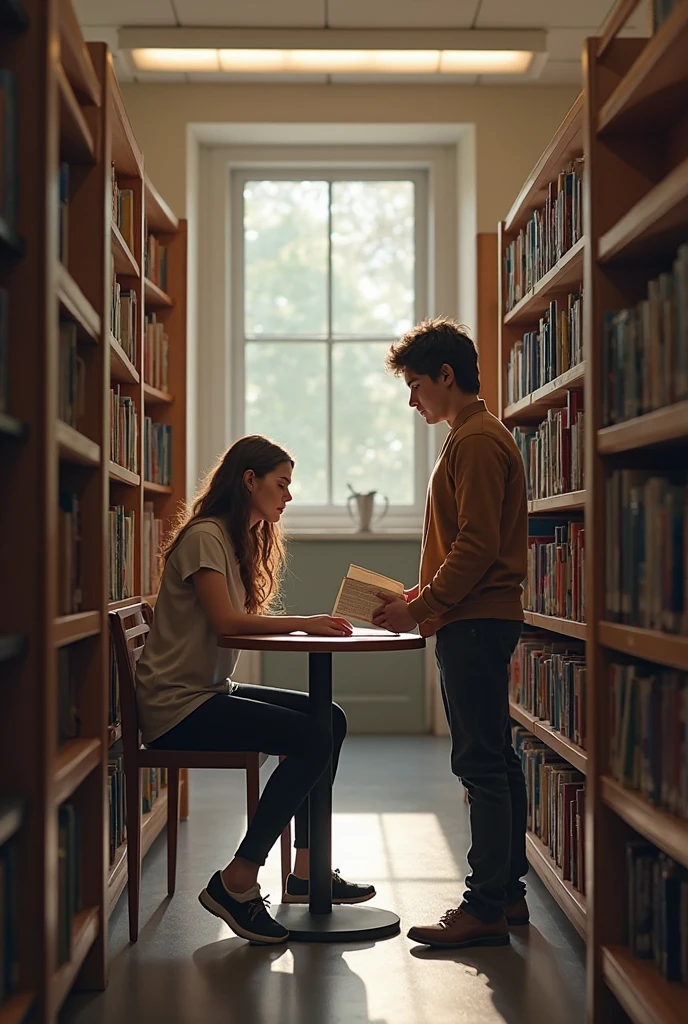 A guy with brown hair and a girl with ginger hair are having sex inside a library