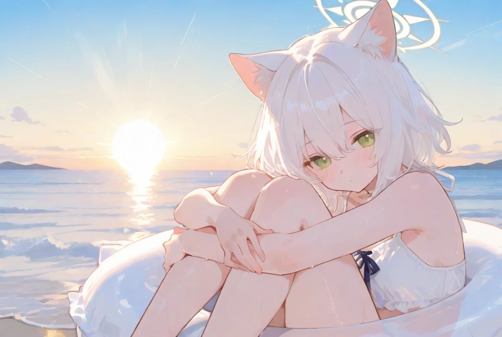 1 girl, short hair, light blue eyes, seaside, striped hair, white hair, pointed ears, UHD, masterpiece, high quality, best quality, cat ears