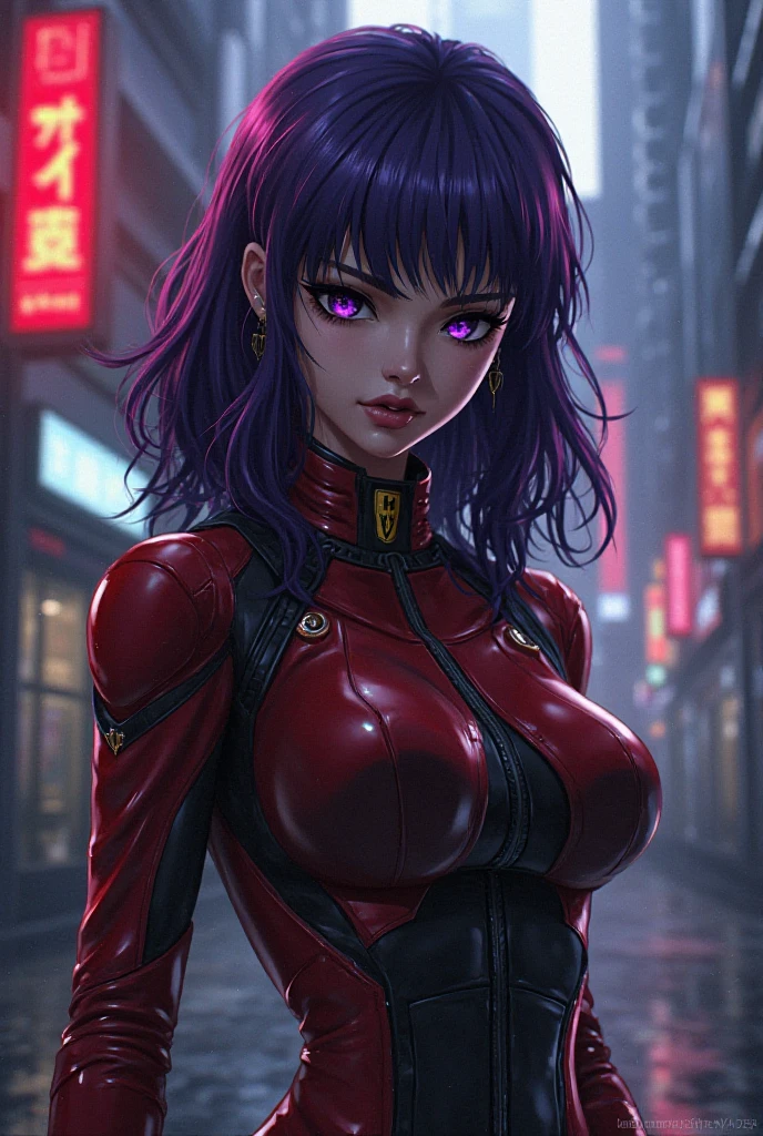 Oboro, mature female, closeup, red bodysuit, (claw glove:1.1) purple hair, short hair, large breasts, (narrow waist:1.1), cleavage, perfect body, (athletic body:1.1), soft skin, anime face, perfect face, (perfect eyes:1.1), purple irises, anime eyes, smoky eyeliner, eyeshadow, asian, smirking, looking at viewer, night city background, neon lights, sharp focus, intricate details, perfect quality, best quality, masterpiece painting, professional artwork, (vibrant colors:1.1), vivid colors, Diffused lighting, digital blending, ultra detailed body, ultra detail hair, ultra detail face, trending on pixiv, by Kagami Hirotaka, by Harue Koga, <lora:OboroV2:0.8>