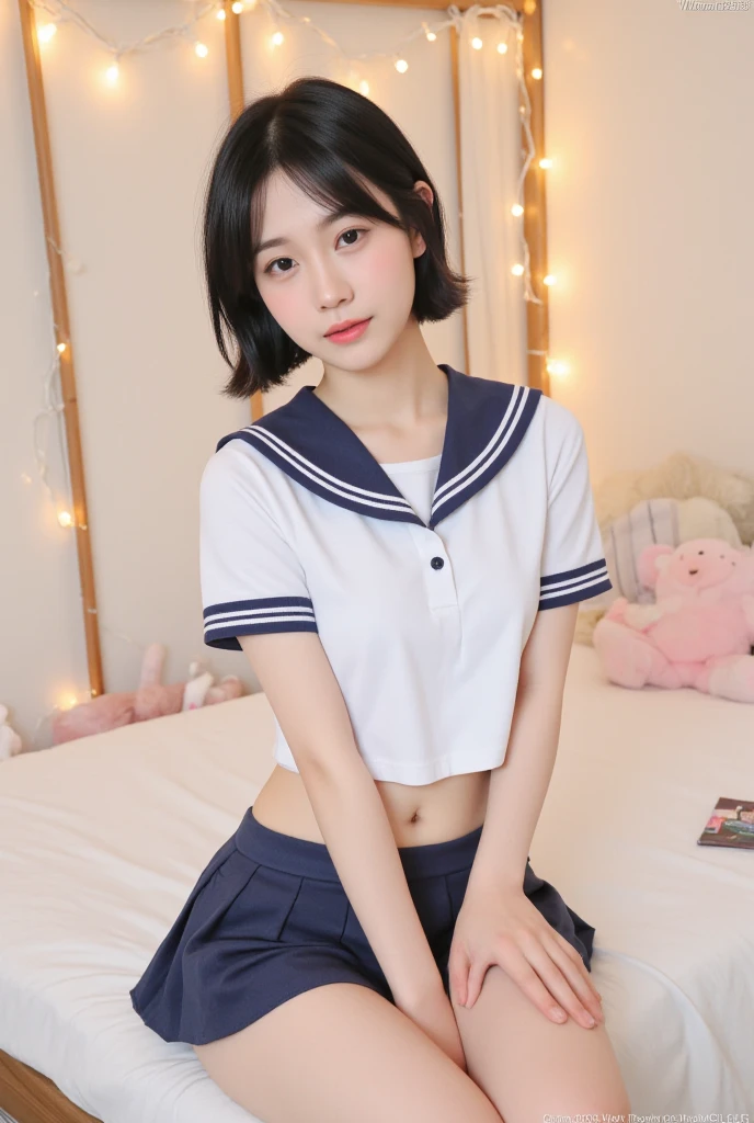 highest quality、17 years old、high school girl 、very cute、((Large Breasts))、((Cute Woman))、(Ecstasy face)、Long brown hair with bangs、Long legs、 Perfect balance、Slim woman、(Increase the resolution)、(8k)、(Very detailed)、(Beautiful big eyes)、Droopy eyes、Earrings、necklace、(highest quality)、(Very detailed)、(masterpiece)、(wallpaper)、(Detailed face)、((white short sleeve sailor uniform:1.3))、Very short white sailor suit、(Navy Pleated Mini Skirt:1.5)、((Perfect Anatomy))、Perfect limbs、Perfect Fingers、((very slim thin thighs))、(Very thin legs)、((barefoot))、(Spread your legs wide:1.3)、(Lift your legs:1.3)、(Navy Pleated Mini Skirtが捲れ上がった:1.5)、(Angle from below)、((White lace panties exposed:1.5))、In her room、