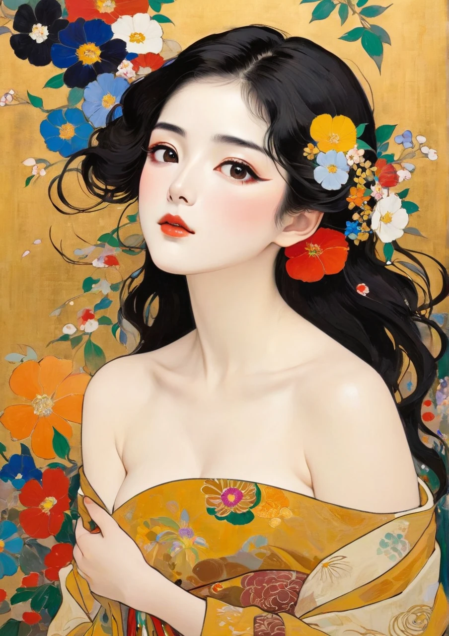 Masterpiece Japanese Painting, Klimt style masterpiece, flat art, Simple Crepe Painting,     abstract,   lots of flowers  , Staring at a flat illustration, 40 years old, Off Shoulder, harf-open-eyes, ????,  Bold Composition 、