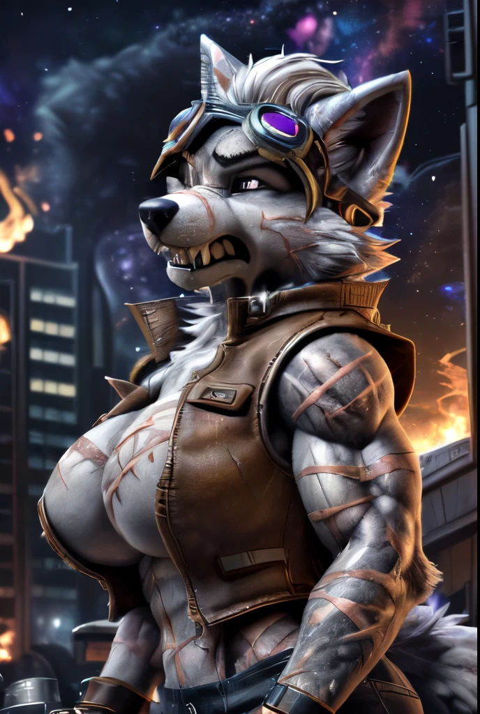 Gasket, ((Paw Patrol)), ((female solo)), domestic dog, female, adult female, brown eyes, (((gray fur)), ((gray body)), (wearing brown leather vest:1.25), (wearing ripped black shirt:1.25), (wearing brown leather shorts:1.25), (wearing spike wristband:1.25), (large breasts:1.25), (huge breasts:1.25), (hyper breasts:1.25), (hair over eyes:1.25), (white hair:1.25), ((sharp teeths)), ((large fangs)), gray eyes, (Shiny eyes:1.6), ((Pixar eyes)), perfect eyes, ((glowing eyes)), (hyper realistic:1.65), long fluffy tail, very large tail, tail up, very furry and fluffy, ((very large fangs)), perfect ligthing, (Cyberpunk city at night background:1.25), (building at fire at background:1.65), (back side view:1.45), looking at Viewer, ((seductive break)), ((spread legs)), spread legs, (rajii:1.1) (dimwitdog:1.1), (thesecretcave:1.25), (cooliehigh:1.1), (miles-df:1.1), (complextree:1.1), (pixelsketcher:1.1), (foxovh:1.1), (zaush:1.1), (avante92:0.70), (meesh:1.1), (inu-sama:0.80), (cervina7:1.1), (F-R95:0.70), (R-mk:1.1), (xpray:1.1), (standing tall:1.65), (large fluffy tail:1.65), (close up to face:1.25), (angry expression:1.45), (scars all over her body:1.85), (wearing long goggles over head:1.65), (starry:1.45), (nebula:1.45), (wolf assests:1.45), (snarling:1.45), (some muscles:1.25), (strong female:1.35)