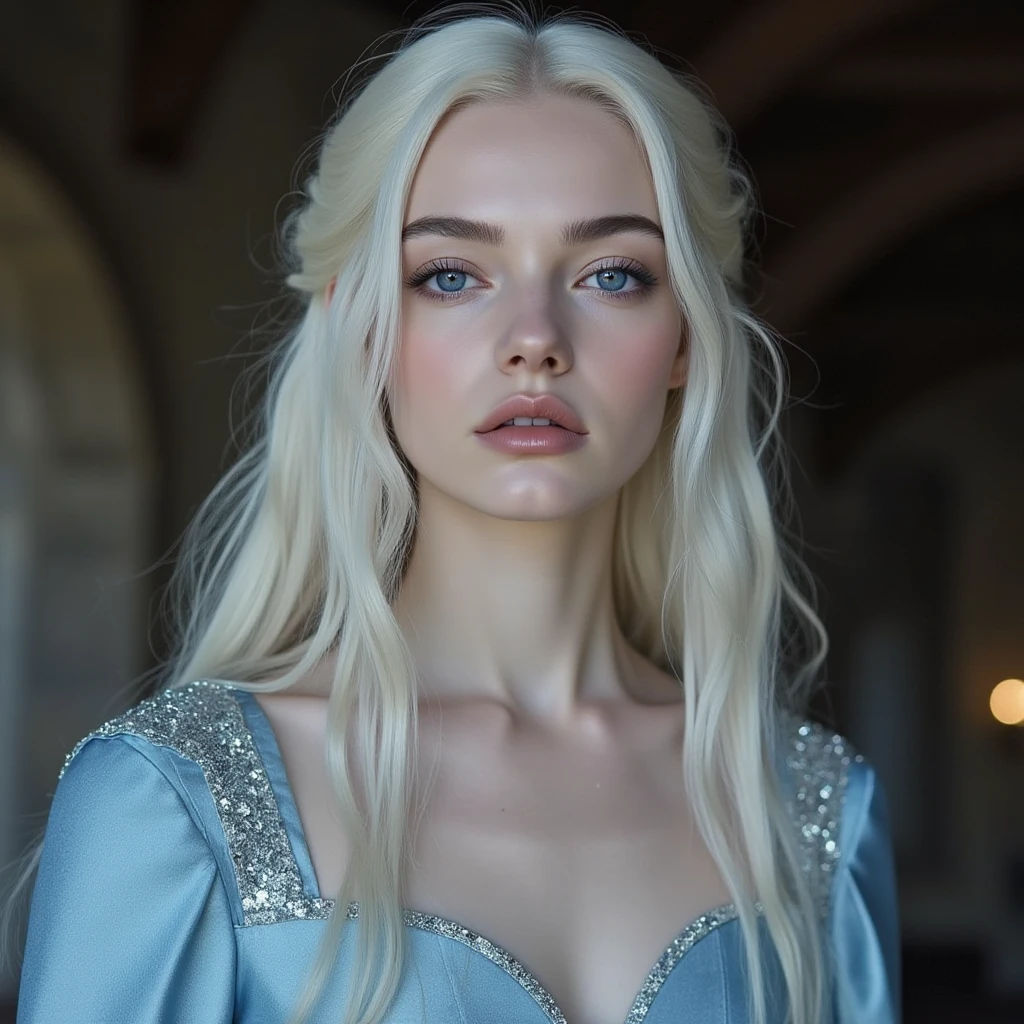 A medieval young, beautiful Targaryen princess with platinum blonde hair that falls to her shoulders, each strand shimmering like silver. Her skin is pale and flawless, almost porcelain in texture, with a subtle natural glow. Her violet eyes are striking and intense, gleaming with an otherworldly sharpness that can captivate and unnerve at once, framed by long, dark lashes. Her face is angular and regal, with high cheekbones, a button nose, and full, soft lips. Her beauty is not soft or gentle, but rather an ethereal, intimidating presence that commands attention. Looks mean, intimidating. Wearing a beautiful, fitted medieval sky blue dress with silver accents. Castle interior background. Angular face, sharp features. Medieval game of Thrones era. No makeup