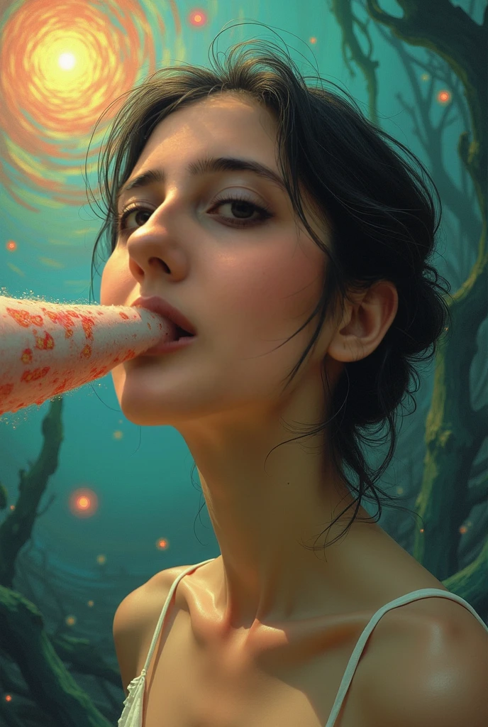 (masterpiece:1.3), (8k, Realistic, RAW Photos, highest quality: 1.4), (One Girl), Beautiful Face, (Realistic Face), Beautiful Hairstyles, Realistic eyes, Beautiful details, (Realistic Skin), Beautiful Skin, Absurd, charm, Ultra-high resolution, Ultra-realistic, Very detailed, Golden Ratio, (Best Shadow), Cinematic, (Complex:1.4), High Contrast, Side lighting, ((Bryce Dallas Howard, as Evil Queen)), ((Accurate hands and fingers)), 43-year-old Caucasian female, ((It is tied short, Black Hair, short hair:1.4, crown)), (A plump and fleshy body), (Large Breasts:1.1), Cleavage, Narrow waist, (Big Ass), glamorous, beautiful black nails, Black lipstick, (smile), (Sweat:1.0), (Flushed), ((Completely naked:1.4)), ((Completely naked:1.4)), ((Giving a blowjob:1.2)), ((cum on mouth:1.0, cum on face:1.1)), NSFW ((fellatio, deep throat:1.1)), BREAK ((1boy, 1penis:1.0, real penis)), (projectile cum:1.2), (excessive cum:1.1), BREAK ((Open-air bath:1.2)), ((Deep in the forest, wood々Surrounded by)), (steam:1.2), (Close-up of face)