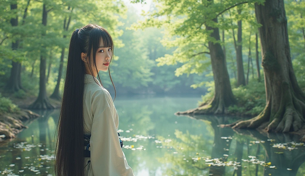 A real Oriental Japanese girl with 18 years old with lush beyond floor length black hair and see her "whole" thin body wearing thick lambswool traditional Wafuku standing next to a lake inside the forest, must see her whole body. The scenario of forest shows spring view. This graph MUST see girl's "whole thin body", including  expression like smile, black eye, nose, hands, legs, wearing thick lambswool traditional Wafuku, chest, buttock, with lush beyond floor length black hair, legs and shoes and whole bodies. REAL girl must has "body, legs, foot, "LUSH BEYOND FLOOR length hair and face with humanity smile and body" with streamline. Show her front side with happy smile and lush beyond floor length black hair.