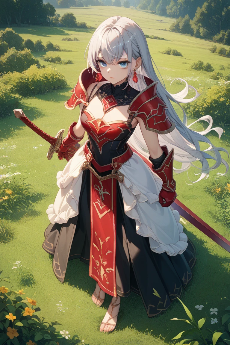 Wearing a red and white dress、anime girl holding sword, Highly detailed official artwork, Epic Light Novel Cover Art, epic Light novel cover art, Silver and red armor, guweiz on pixiv artstation, Anime style 4k, Detailed key animation art, Light novel cover art, Anime Fantasy Artwork,White hair and red eyes,Side Ponytail,Waist-length hair,one person,Portraiture,Reading