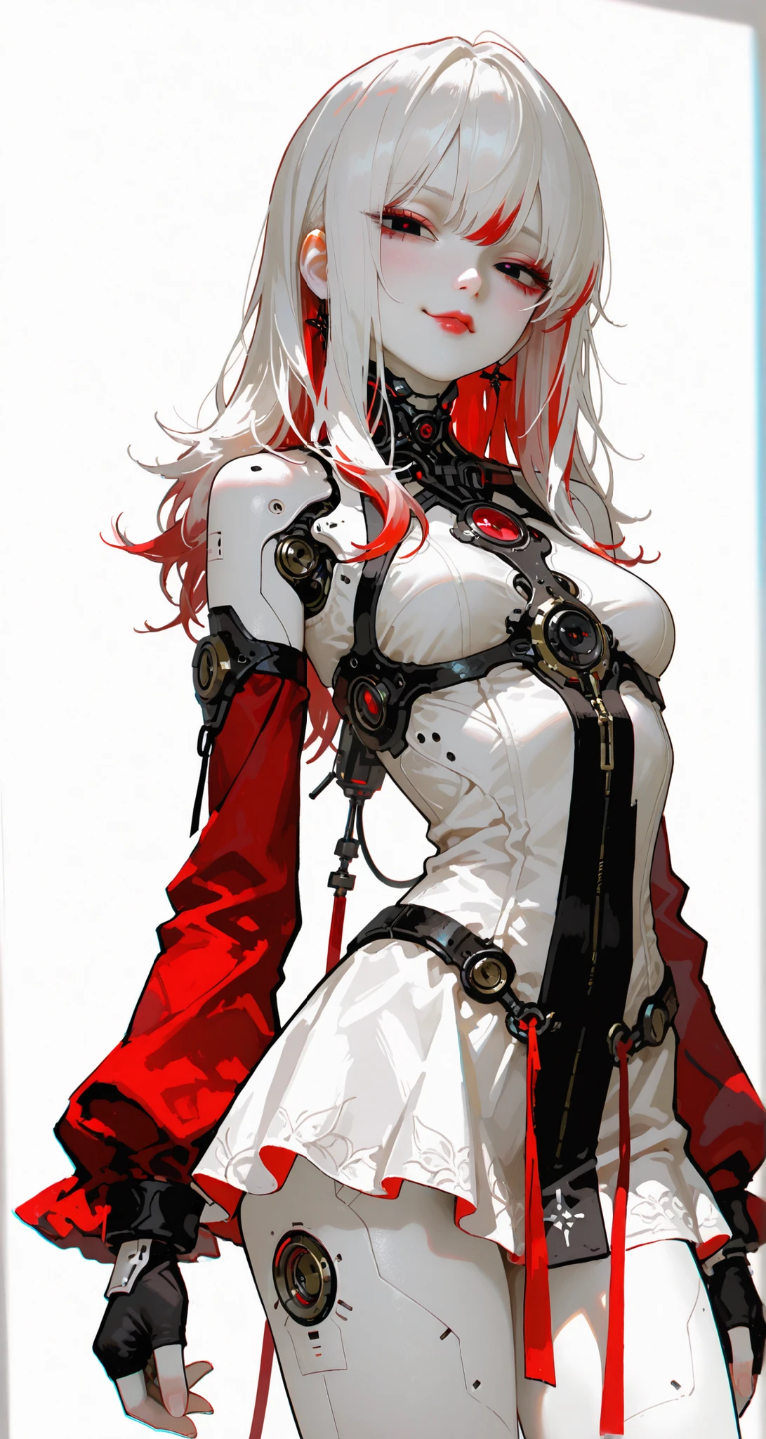(masterpiece), (very aesthetic), (best quality), highly detailed, intricate details, absurdres, amazing quality, attractive, modern outfit, attractive, slender, very aesthetic, volumetric lighting, backlit, realistic anime artstyle, realistic skin textures, detailed clothing textures, expressive face, chromatic aberration, white background, solo, close-up, ivory skin, very cute and slender girl, barefoot,
Very narrow waist, white hair, red highlights in hair, shaggy hair, black eye-color, white skin, robotic skin, red sleeves, fingerless gloves, white short dress, Sleeveless, expressionless, red lips,