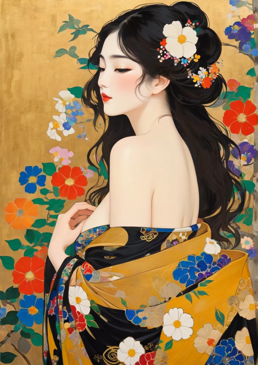 Masterpiece Japanese Painting, Klimt style masterpiece, flat art, Simple Crepe Painting,     abstract,   lots of flowers  , Staring at a flat illustration, 40 years old, Off Shoulder, harf-open-eyes, sexy,  Bold Composition 、