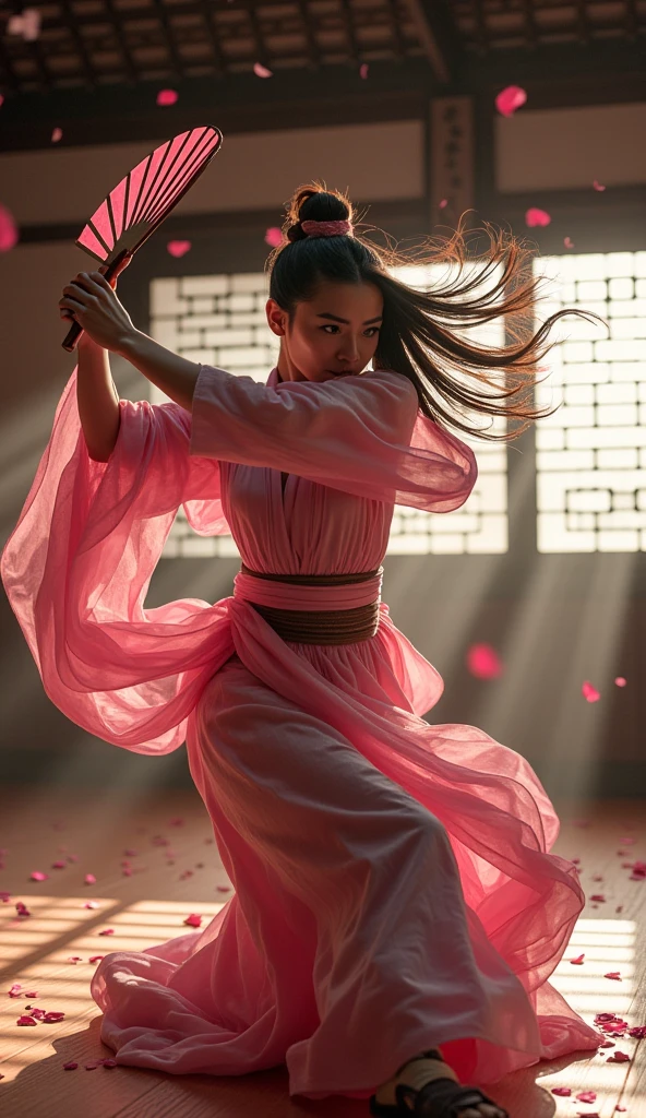 Scene 3 — Cross Diagonal Strike
She moves forward with a firm and determined step., performing a cross stroke with both fans open. the body leaning forward, tense muscles, veil flowing. Hair and fabric in dramatic motion. intense expression. The scenery remains the same: traditional dojo , luz suave, cherry petals floating.  hyper-realistic texture , focus on frozen combat movement, 8K cinematic style.
