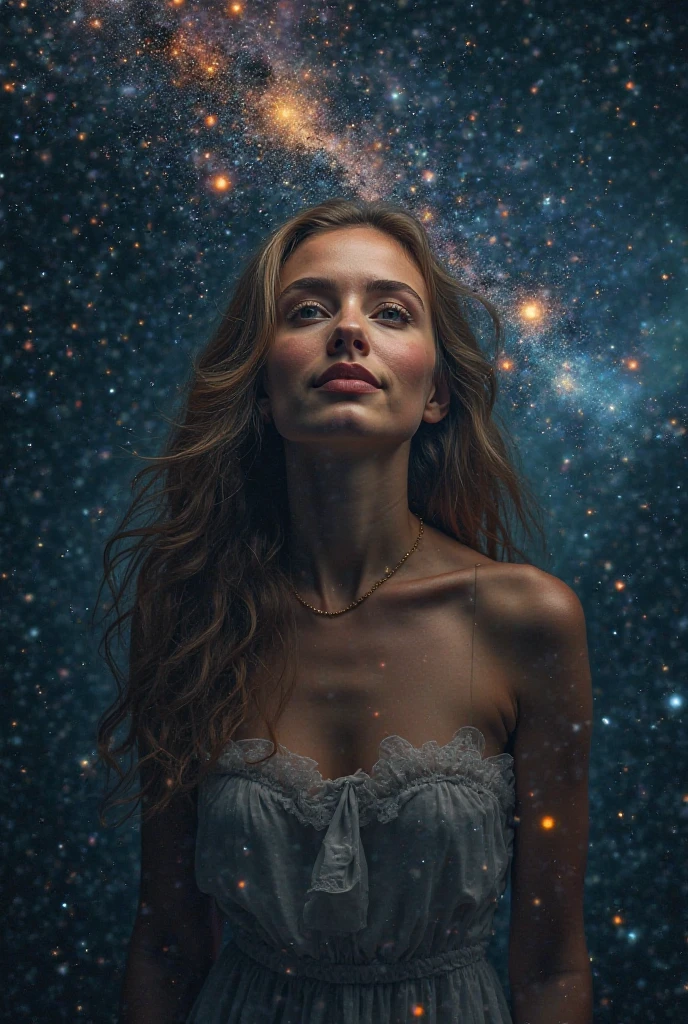 “Her face turns forward with a gentle smile.”
A woman stands amidst the darkness of the universe, yet the light does not surround her—it radiates from within.
Her hair flows like nebulae, her eyes gleam with the depth of black holes.
She is not merely a part of the universe—she is the universe.
Every feeling, thought, and experience she holds has merged into a galaxy of her own.