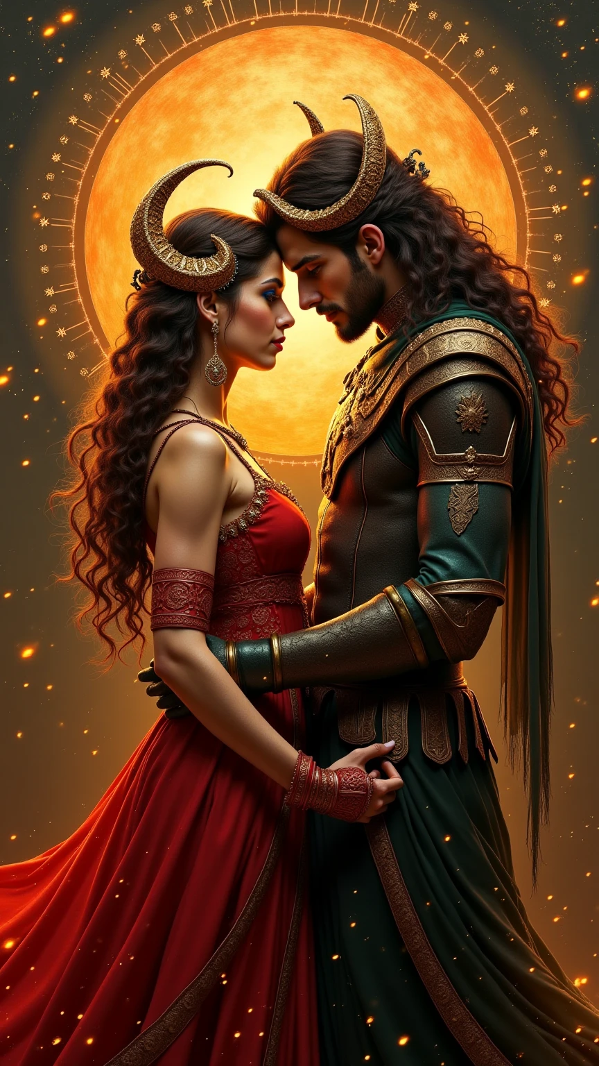 Image of a Scorpio woman and Aries man dressed as gods 
In a world where the stars dictate destinies, Aries, the warrior of fire, and Scorpio , the guardian of the depths, they face an impossible love. United by passion and challenged by their differences, , they must overcome divine tests and face their own fears to prove that even opposites can create eternal love.. A story of passion, transformation and a bond that transcends time.