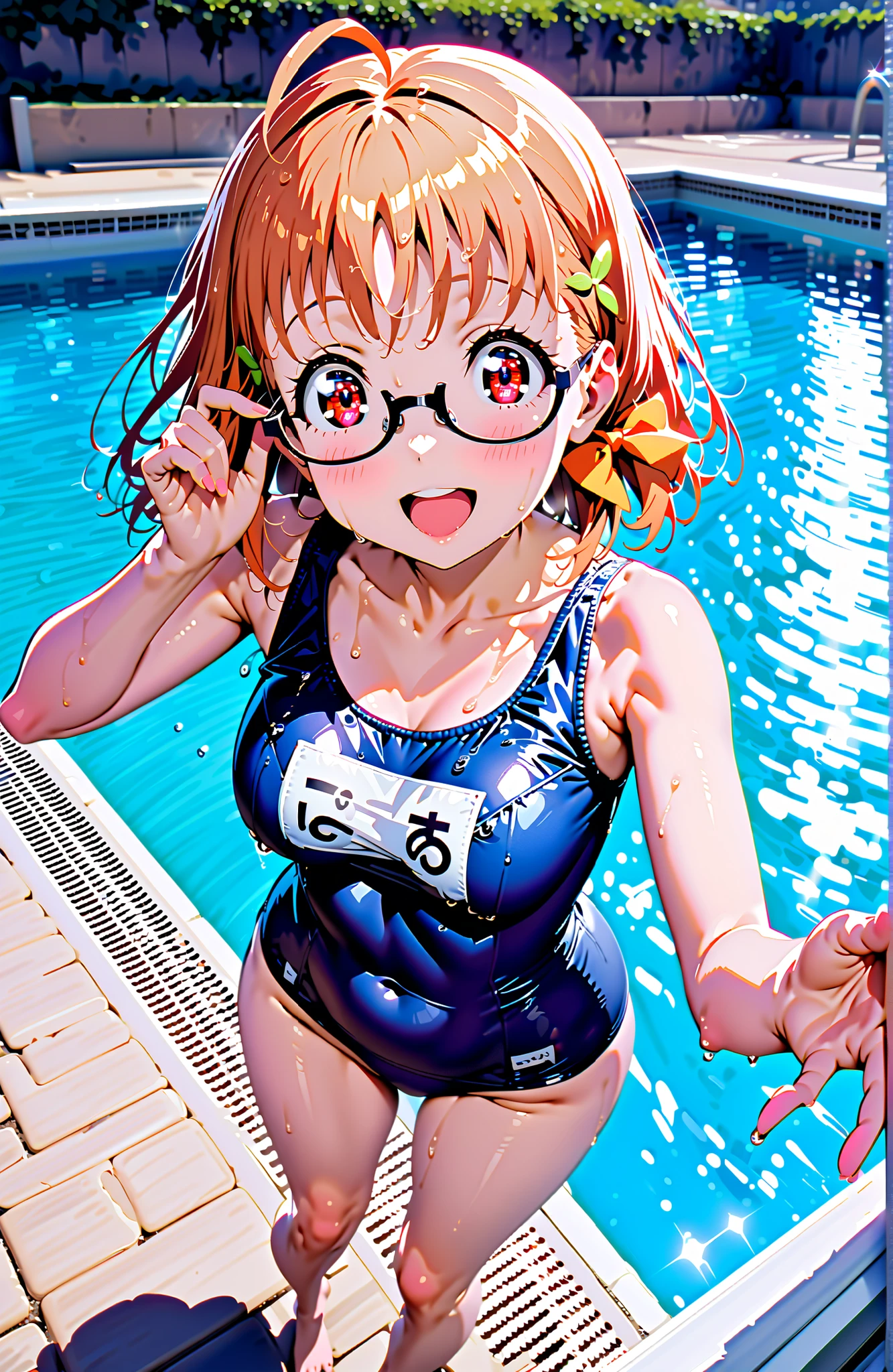 Takami Chika, solo,short hair, Hair Ornament, Red Eyes, knitting glasses, stupid hair,orange hair, smile,blush,open your mouth,side knitting glasses,old school swimsuit, school swimsuit, blue one-piece swimsuit, one-piece swimsuit, name tag, swimsuit, Belly button cover, wet swimsuit, is standing,clavicle,Submersion, scatters,break outdoors,pool,
break looking at viewer,full body,
break (masterpiece:1.2), top quality, high resolution, Unity 8k 壁紙, (illustrations:0.8), (beautiful detailed eyes:1.6), Highly detailed faces, perfect lighting on the table, extremely detailed CG, (perfect hand, perfect anatomy),