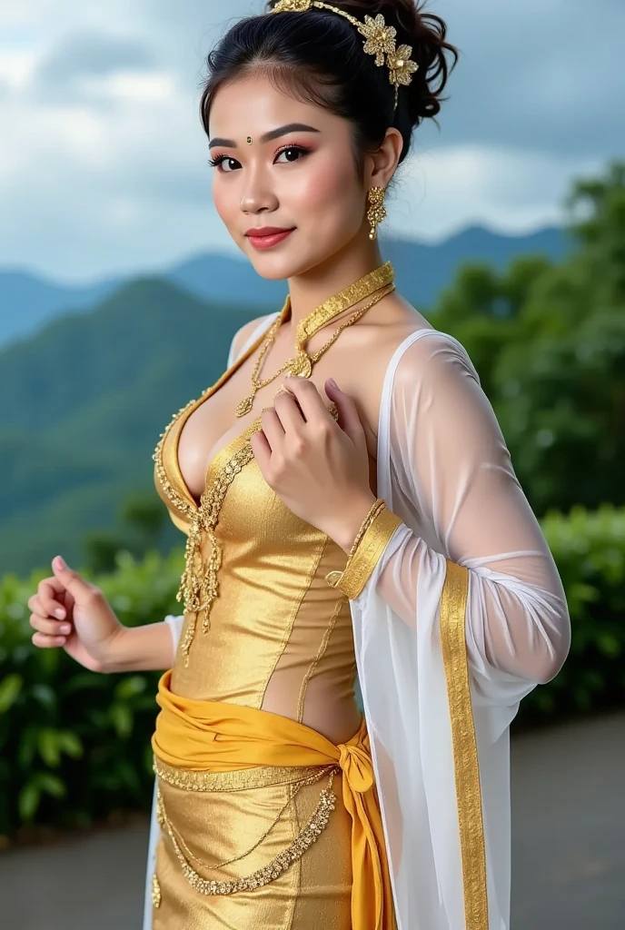Close up of Thai woman wearing Thai Chakkri with moderate , Gorgeous Thai model, attractive, elegant, attractive woman, stunning beauty. green Thai shirt
