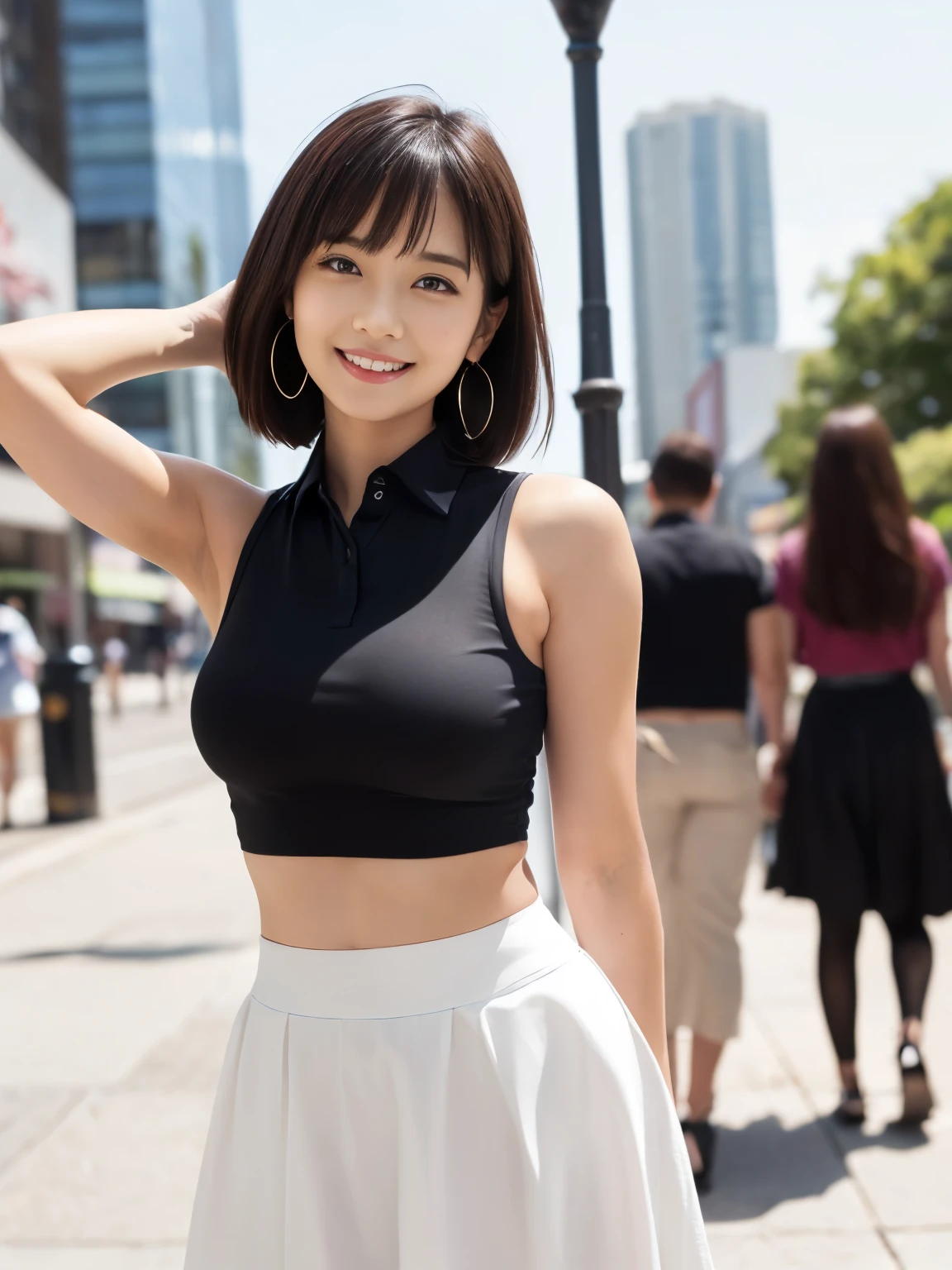 RAW Photos, highest quality, Realistic, Cute Japanese Girl, 1 person, (とてもslim and slender fit muscular body:1.3), ((View Viewer)),(Big smile:1.3), (No people in the background:1.3), Beautiful earrings, Front shot, (Big eyes), (whole bodyショット), Small breasts,(masterpiece)、Healthy thighs、(Narrow waist)、Big Ass、(Beautiful legs)、((Perfectly detailed five-fingered hands)),(Anatomically correct body)、((1 female:1.4))、Japanese、Realistic Skin、(Small chest:1.4)、Bust size is C cup、Pretty woman with perfect figure:1.4,(from the front:1.5), (肌の質感のbeautyを高める:1.1), (Beautiful fine details), (Detailed face),Beautiful realistic face,No makeup、美しいBlack Hair、The best smile、Natural color lip、(Small Mouth:1.2)、(Oval Face)、Even bangs、Hide eyebrows with bangs、((29-year-old woman))、Bob Hair、Hair blowing in the wind, (Black Hair, Iris, Watery eyes, Shining Eyes, Bob cut hair, Small earrings,), Hair behind the ear、No makeup、(Drooping eyes)、Drooping eye corners、女の子erson,whole body、(((1 personの素敵な女性)),((優しいBig smile)),(( Small breasts,Small breastsの谷間)),((((Plump Cheeks)))),((whole body:1.5))、(Narrow waist、Slender Body)、 Hair blowing in the wind,C-cup breasts with firmness、Even bangs:1.4、whole bodyショット、,(((Beautiful woman boasting toned hips and muscular buttocks))),((( Shapely big ass))),(A toned waist is best:1.4),Sleeveless、Open chest、すらっと伸びたthin脚、Long legs、platform、Sandals、clear、thin、slim、thinウエスト、beauty、Looking into the camera、Walking around the city、Cute Smile、Summer sunshine、Accentuate your breasts,(((Attractive woman wearing a white collared shirt and flared skirt in the city,1 person、))),Wearing a white blouse, Random body orientation,