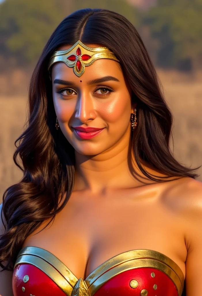 Hyper realistic,((Deepika Padukone, Loren Gray, Nina Dobrev face)), as DC's Supergirl, superhero pose, standing in city at sunset, hyperdetailed, sunbeams, (8k), realistic, symmetrical, award-winning, cinematic lightning, film, 75mm, full body shot, close-up, torn detailed face,