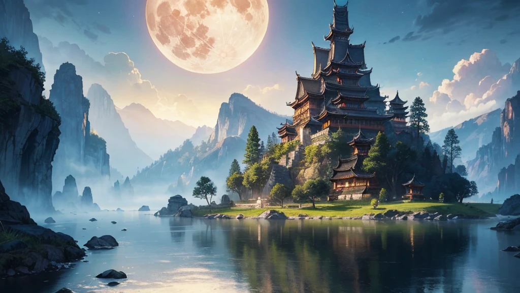 top quality、masterpiece、Spectacular landscape painting、Shandana Scenery、Epic Worldview、fantasy world、Mysterious Landscape、Mysterious Atmosphere、full moon night、colorful light、precise texture、realistic、Pictorial Details、4K HIGH DEFINITION、EXTREME DETAILS、HDR Tones、Professional