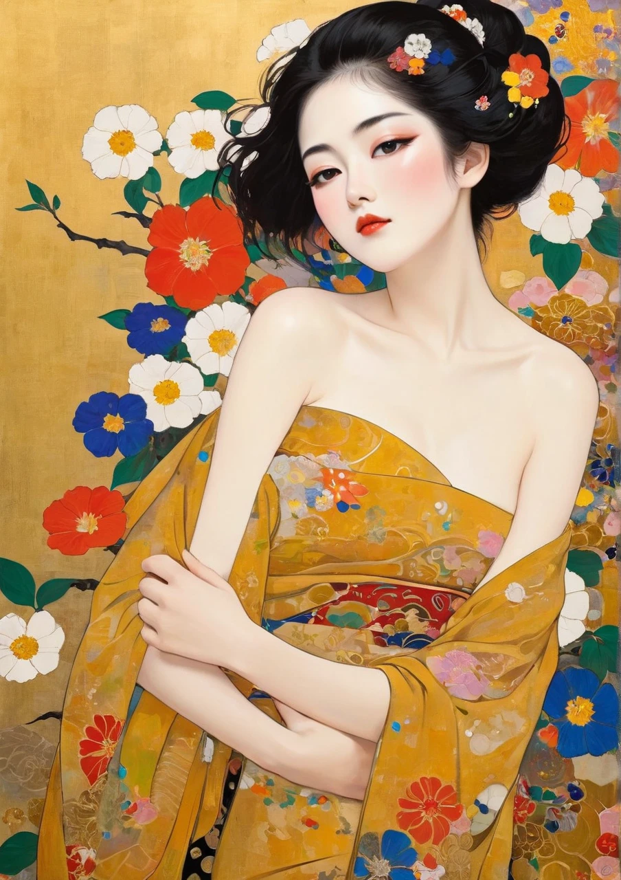 Masterpiece Japanese Painting, Klimt style masterpiece, flat art, Simple Crepe Painting,     abstract,   lots of flowers  , Staring at a flat illustration, 40 years old, Off Shoulder, harf-open-eyes, sexy,  Bold Composition 、sideways glance、