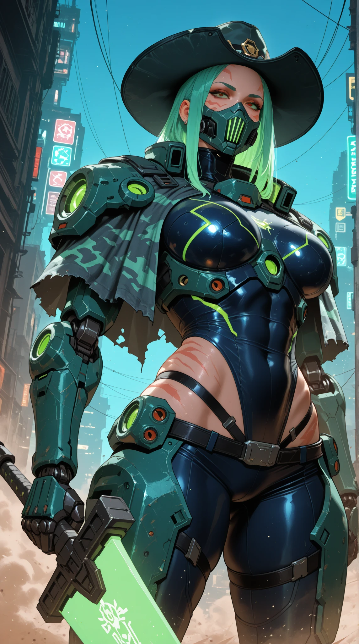plano general, whole body:1.4, a post-apocalyptic cyberpunk android with short blue hair, an extremely large and perfectly shaped bust, A provocative pose, yellow leather onesie clothing:1.4, gas mask, detailed facial features:1.5, skin texture, dynamic pose, action, Hyper realistic, 8k, ultra detailed, Masterpiece, photorealistic, dramatic lighting, Color change, dramatic depth of field, intricate mechanical details, Intricate Circuits, bright neon accents, science fiction dramatic atmosphere, cinematographic composition