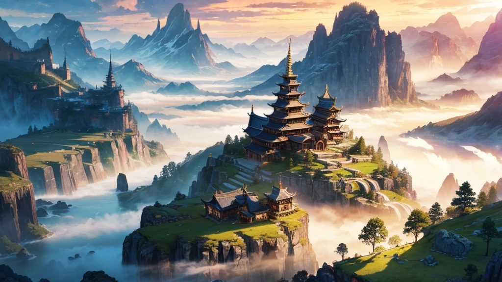 top quality、masterpiece、Spectacular landscape painting、Shandana Scenery、Epic Worldview、fantasy world、Mysterious Landscape、Mysterious Atmosphere、The world illuminated by the rising sun、colorful light、precise texture、realistic、Pictorial Details、4K HIGH DEFINITION、EXTREME DETAILS、HDR Tones、Professional