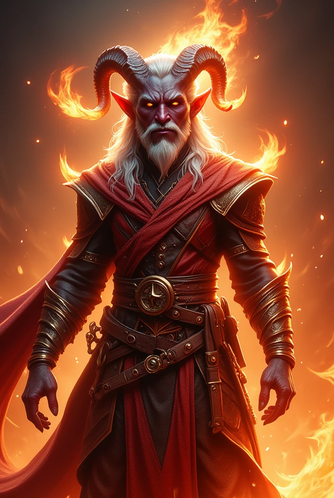 ((FULL BODY)), An old powerful tierfling master and masters 100% of the fire element, tierfling master, firebender, RPG character, 4k, Unreal engine, intricate, highly detailed, beautiful lighting, advanced quality, 8k, trending artstation, professional, dramatic, illustration, high quality, beautiful character, Premium portrait, F/22, symmetrical and dynamic poses, RPG, masterwork, advanced quality , beautiful lighting.