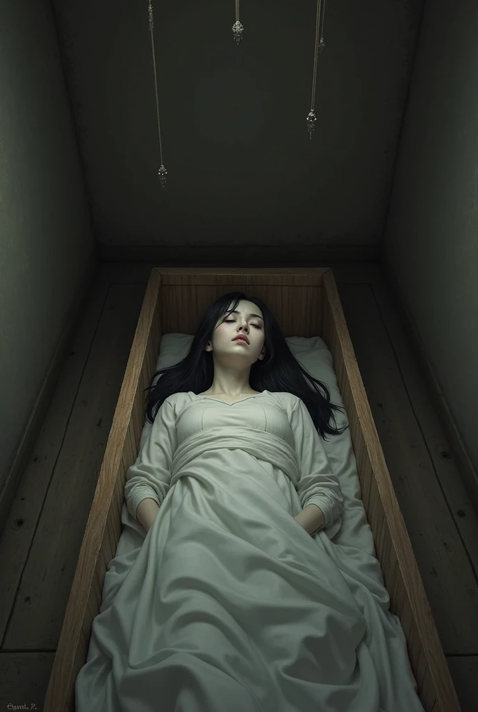 Chinese, young maid, maid uniform, white pantyhose, student shoes, dead, on dining table, eyes closed
