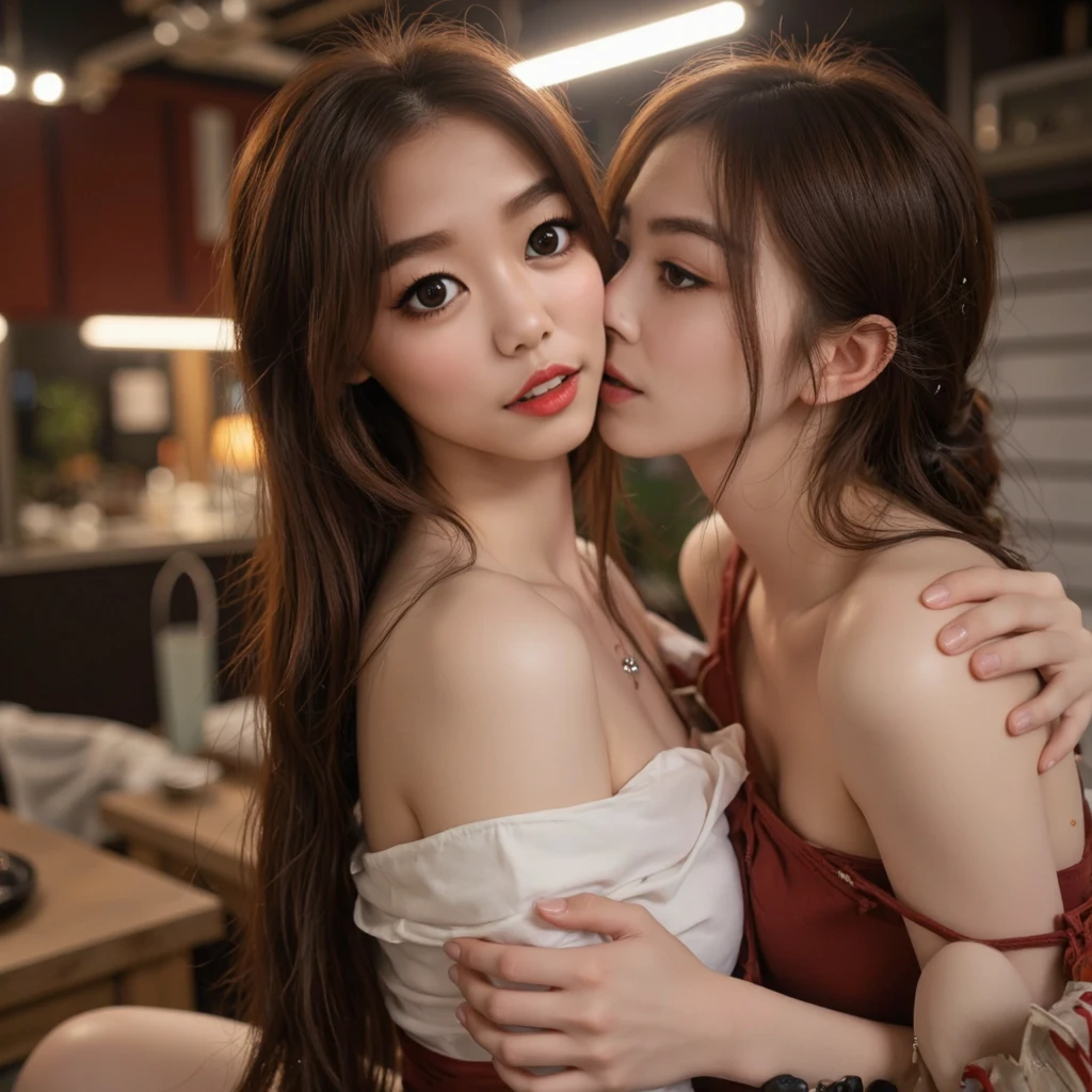 An ultra-high picture quality、Natural brightness、a beauty girl、Two girls kissing while sitting on bar stool cushions、Pink underwear、straight haired、Small、Nipple stand、Hair swaying in the wind、NSFW、Show、Black pubic hair 、fullnude、inside a classroom