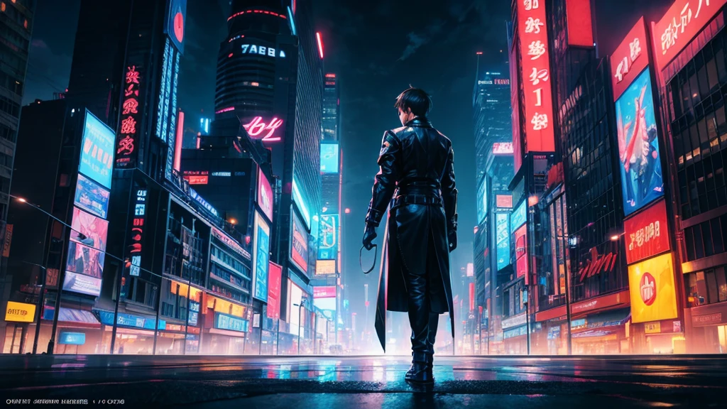 top quality、masterpiece、 city of the near future、Man's Shadow、back view、 looking at the city 、night、 neon high res、photographic realism、ultra-detailed depiction、Professional、Vivid Colors、 bokeh effects 、HDR、studio lighting for women、physically-based rendering、Future City、Futuristic Architecture、neon signs、dark atmosphere、Serious Impression