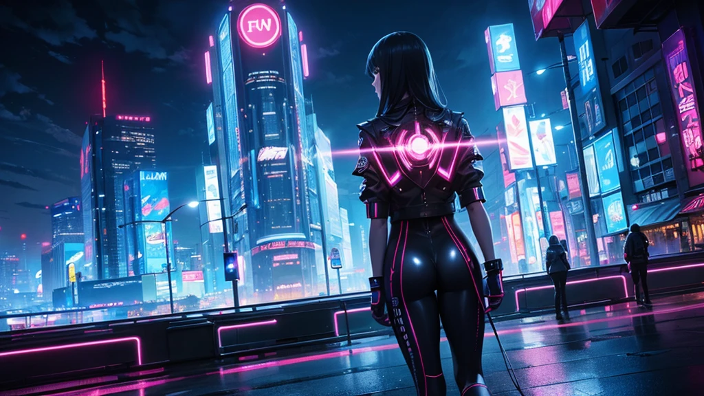 cyberpunk, neon lights, lots of wires, skyline,lush skyscrapers,futuristic technology, advanced computer graphics, gritty urban textures,ethereal holograms,electric energy pulses