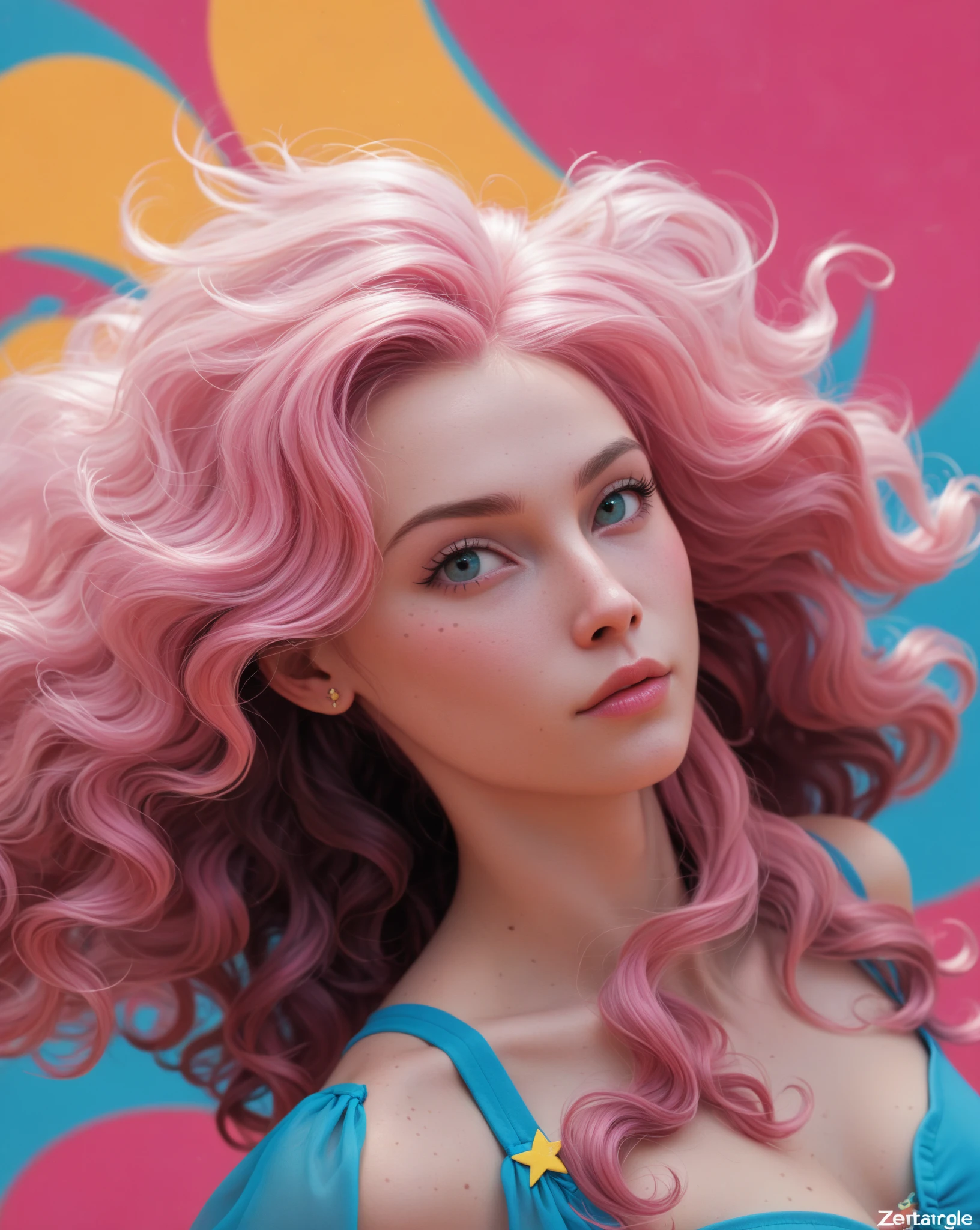 
((masterpiece:1.2, top quality)), Super Detail, ultra-precise depiction, Super Detailな描写, ( zentangle :1.2), (dynamic pose), (abstract background:1.5), long wavy hair, pink hair, 1 girl, colorful, portrait, (From the above:1.2)