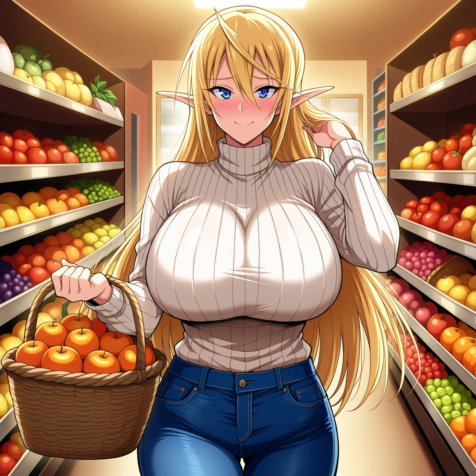squad , T-shirt , flat chest , downblouse , Leaning forward , The greengrocer gazes admiringly at the moist cucumber he has picked up , looking away , natural tits