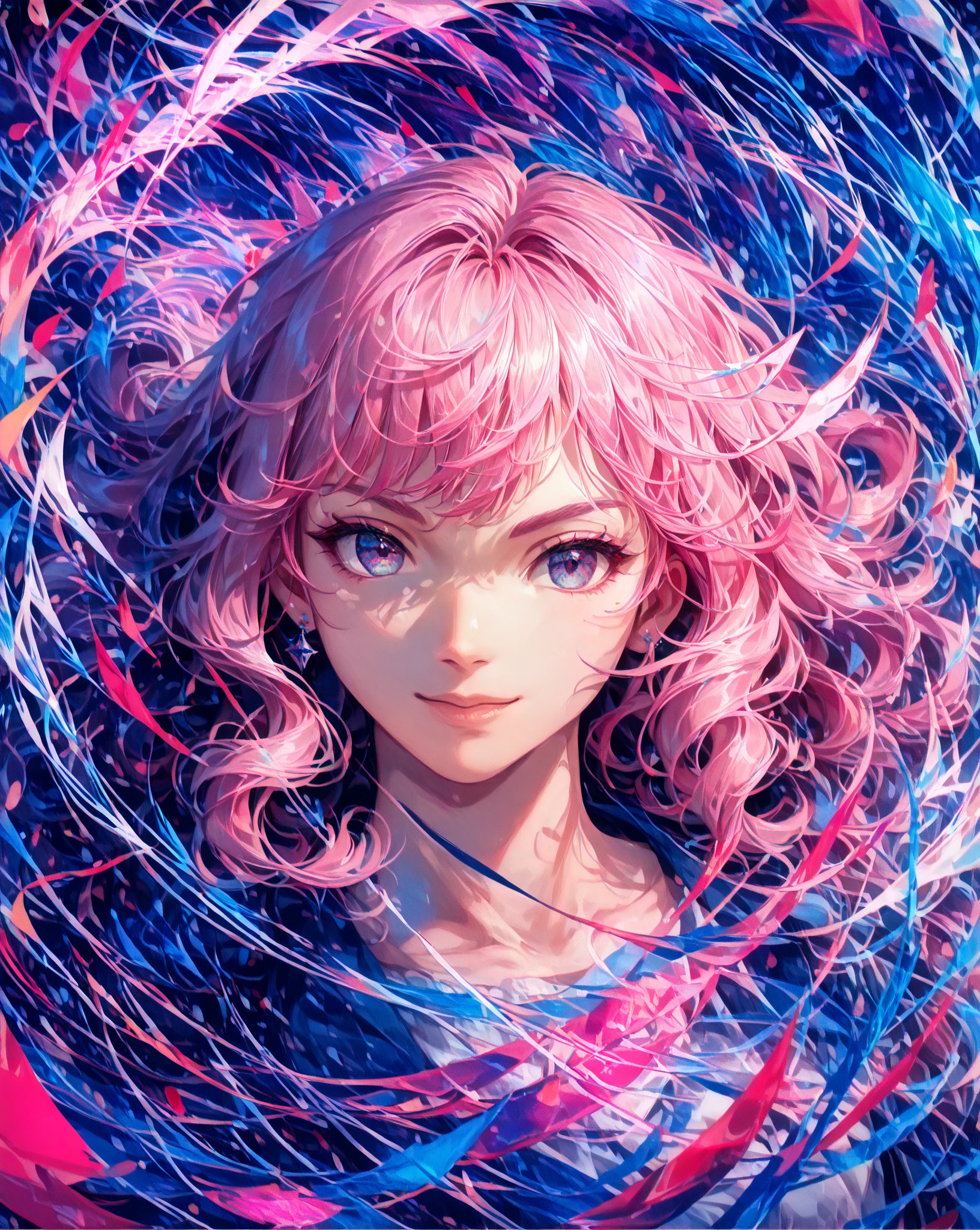 
((masterpiece:1.2, top quality)), Super Detail, ultra-precise depiction, Super Detailな描写, ( zentangle :1.2), (dynamic pose), (abstract background:1.5), long wavy hair, pink hair, 1 girl, colorful, portrait, (From the above:1.2)