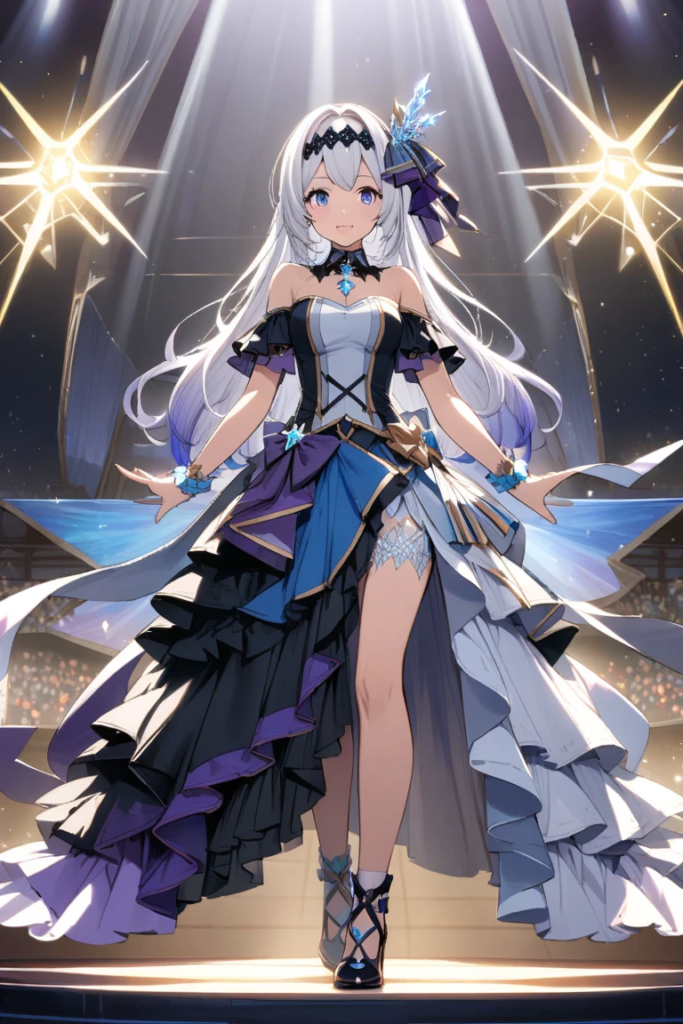 1girl, dress, singing, microphone, halo, arena, 
 <lora:Robin_XL_V1:1> ,1girl,robin \(honkai: star rail\), platform shoes,