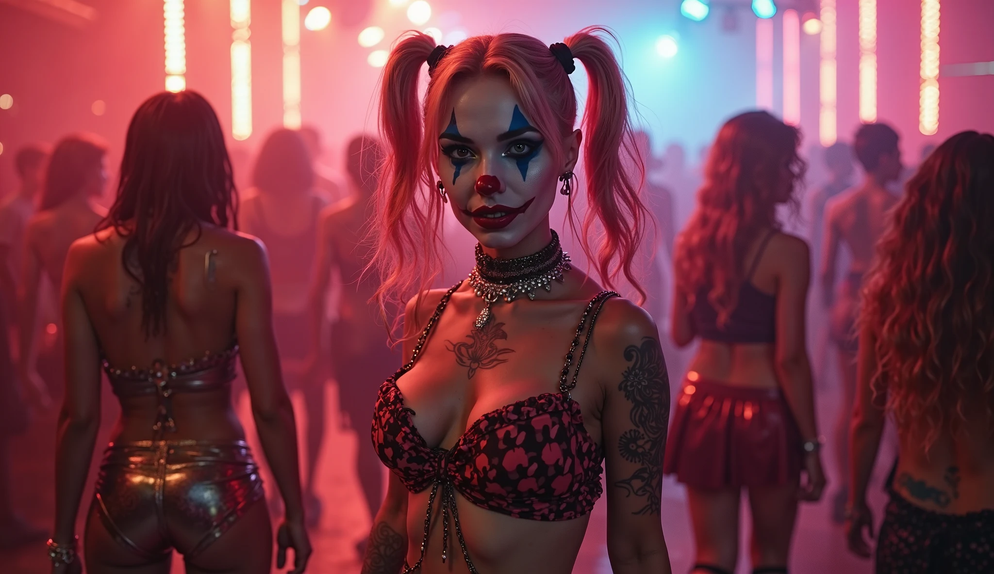 (complex two subjects) best quality,4k,8k,highres,masterpiece:1.2),ultra-detailed,(realistic,photorealistic,photo-realistic:1.37),(Sofía Vergara as the sexy Joker. With her alluring charm, she embodies the mischievousness and playfulness of the character. Her eyes captivate with their mesmerizing gaze, drawing you into her world. Her detailed lips, slightly parted in a seductive smile, add to her allure. Iconic Joker makeup, iconic Joker hair dye, insane sexy hair)(subject 2), Kelly Hu takes on the role of Harley Quinn, exuding a distinct sense of craziness and mischief. She flirts with danger and steals the spotlight with her flirtatious expressions and exaggerated gestures. Her vibrant makeup and colorful hair reflect the colorful chaos that surrounds her. The scene is set in the immersive world of Gotham City, with its dark and brooding atmosphere. The city skyline, illuminated by the neon lights of the Joker's antics, creates a haunting backdrop. Both characters are armed with Joker weapons, showcasing their dangerous and unpredictable nature. Sofía Vergara wields an intricately designed weapon, showcasing her power and control. Kelly Hu's weapon complements her wild and unpredictable personality, adding an extra touch of chaos to the scene. The color palette leans towards vibrant and bold hues, reflecting the flamboyant and larger-than-life personalities of the characters. The lighting is dramatic, casting shadows and highlighting the characters' features, adding depth and intensity to the scene. The resulting image is a high-quality masterpiece that captures the essence of these two iconic characters, bringing them to life in a visually stunning and immersive way. (show both women, full body shot, head to toe)