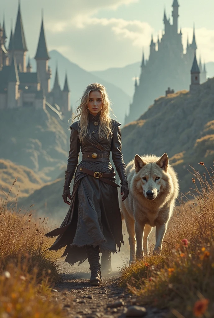 Toasted full-bodied blonde woman in a Game of Throne environment walking with a terrible wolf, camera that protects it from all harm, vibrant colors, Dopamine style, Wide angle,  volumetric lighting ,  rendered in octane , 3D image, resolution 64K. photographic style: Large size Nikon D7500, lente 50mm, F2 opening.8 
