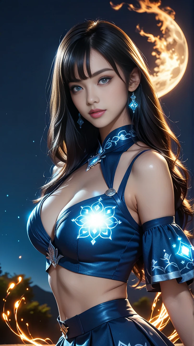 Distant wide angle view, Create a highly detailed ultra realistic photo of a confident, strong female warrior standing against a glowing moonlit background. She has a fair complexion with subtle makeup accentuating her large, expressive blue eyes. Her dark hair is styled in an elegant updo adorned with white ribbons and hair ornaments, framing her face perfectly. She is wearing a form-fitting, traditional Chinese-inspired blue qipao with gold trim and decorative moon patterns on her chest, which accentuate her figure. Her outfit includes a wide, intricately patterned silver sash around her waist. She has a confident, friendly smile, and her expression conveys both strength and grace. She is wearing black wristbands with silver spikes. The background features a large, glowing full moon, casting a soft halo around her, with minimalistic, abstract designs adding depth. Small glowing embers float in the air, adding a touch of mystique to the scene. Distant full body view, ultra realistic photo, vibrant colors, 16k